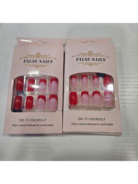 False Nails 24pcs Red & Pink French Tip Do-It-Yourself Natural Delicate 2 boxes